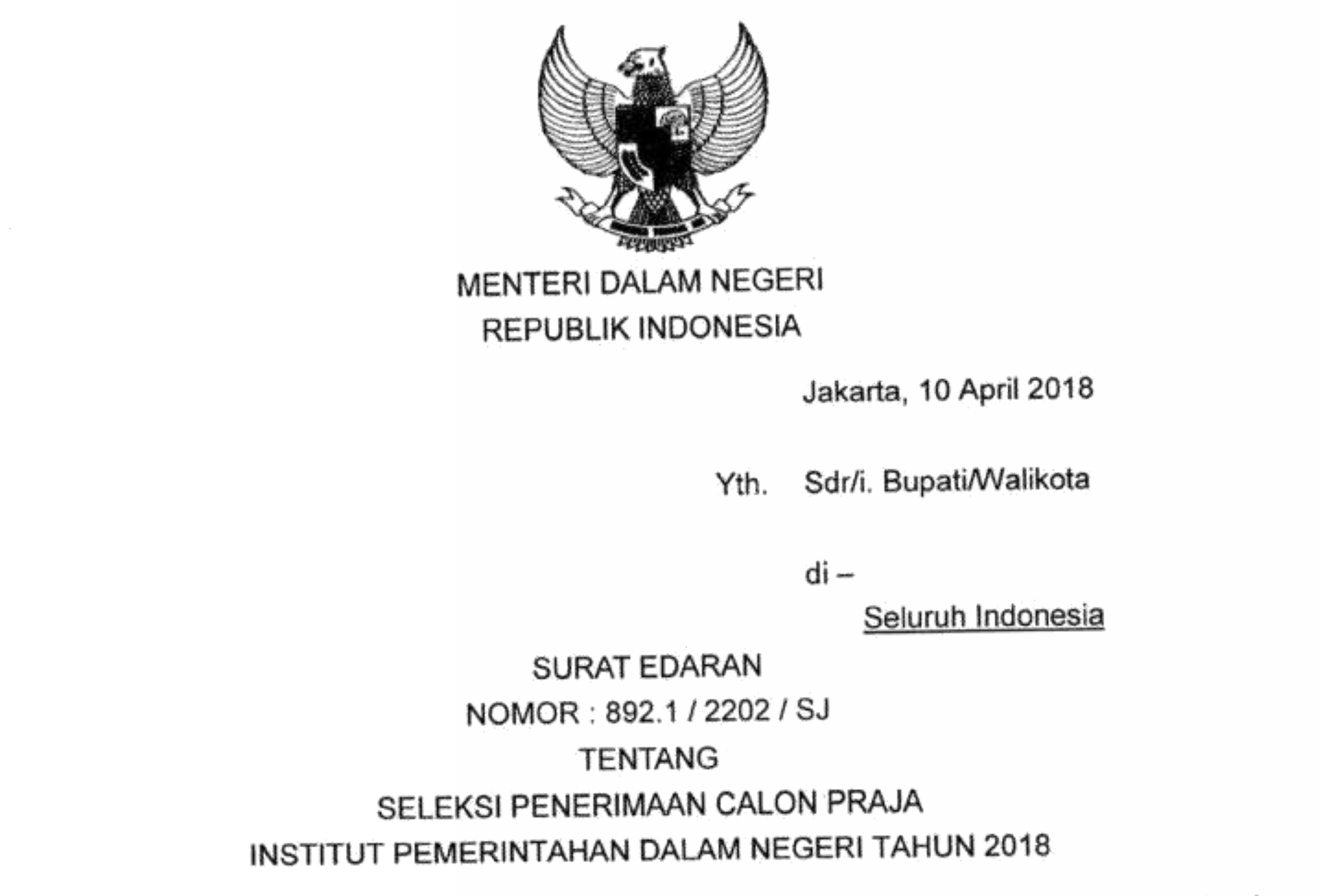 content surat edaran seleksi penerimaan calon praja ipdn tahun 2018 1dpn